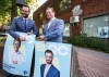 Bloc Québécois Leader Yves-Francois Blanchet, right, and newly elected candidate Louis-Philippe Sauvé pose with their campaign posters on Tuesday, Sept.17, 2024, in Montreal. The Bloc Québécois has won the Montreal Liberal stronghold riding of LaSalle—Émard—Verdun after an extremely tight three-way race with the NDP. THE CANADIAN PRESS/Christinne Muschi