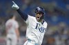 Tampa Bay Rays' Jose Siri celebrates after hitting a solo home run off Boston Red Sox starting pitcher Nick Pivetta during the fifth inning of a baseball game Tuesday, Sept. 17, 2024, in St. Petersburg, Fla. (AP Photo/Chris O'Meara)