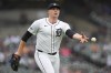 Detroit Tigers pitcher Tarik Skubal tosses the ball to first base for an out on a Tampa Bay Rays' Junior Caminero ground ball in the fourth inning of a baseball game, Tuesday, Sept. 24, 2024, in Detroit. (AP Photo/Paul Sancya)