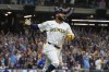 Milwaukee Brewers' Jackson Chourio reacts after hitting a home run during the eighth inning of Game 2 of a National League wild card baseball game against the New York Mets Wednesday, Oct. 2, 2024, in Milwaukee. (AP Photo/Morry Gash)