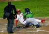 JOHN WOODS / FREE PRESS
                                Goldeyes third baseman Dayson Croes is tagged out at home by Kane County Cougars catcher Simon Reid Tuesday in game three of the American Association championship.