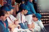 FILE - New York Mets Wally Backman, center left, and Gary Carter, right, sit dejectedly in the dugout at the end of their National League playoff game with the Los Angeles Dodgers at New York, Oct. 10, 1988. (AP Photo/Ray Stubblebine, File)
