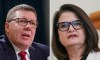 In this composite image made from two file photographs, Saskatchewan Party Leader Scott Moe, left, and Saskatchewan NDP Leader Carla Beck are shown during press conferences in Regina, both taken Wednesday, March 20, 2024. THE CANADIAN PRESS/Heywood Yu