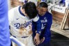 Los Angeles Dodgers' Shohei Ohtani is helped off the field after getting hurt during the seventh inning in Game 2 of the baseball World Series against the New York Yankees, Saturday, Oct. 26, 2024, in Los Angeles. (AP Photo/Ashley Landis)