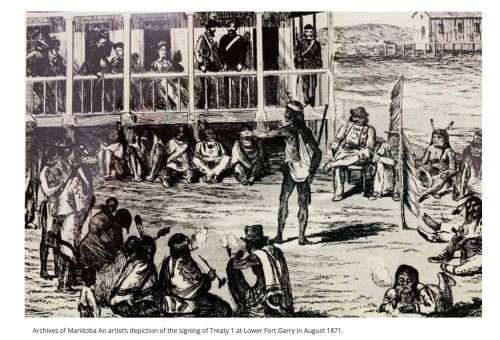 An artist&rsquo;s depiction shows the signing of Treaty 1 at Lower Fort Garry in August 1871. (Archives of Manitoba)