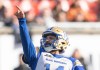 Winnipeg Blue Bombers kicker Sergio Castillo (14) celebrates after a field goal during first half CFL football action against the Montreal Alouettes in Montreal on Saturday, Oct. 26, 2024. Castillo will be back with the Winnipeg Blue Bombers next season after signing a one-year deal with the CFL club Thursday. THE CANADIAN PRESS/Christinne Muschi