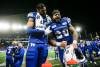 JOHN WOODS / THE CANADIAN PRESS
                                Winnipeg Blue Bombers&rsquo; Brady Oliveira (20) and Kenny Lawler (89) celebrate on the bench against the Saskatchewan Roughriders during the second half of CFL Western Final action in Winnipeg Saturday.