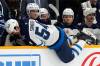Winnipeg Jets defenseman Dylan Samberg (54) climbs over the boards and onto the bench after being injured in Saturday&rsquo;s game against the Nashville Predators. (Mark Humphrey/Associated Press files)