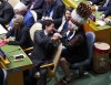 Prime Minister Justin Trudeau shakes hands with Assembly of First Nations National Chief Cindy Woodhouse Nepinak as they attend the opening of the 79th Session of the UN General Assembly at United Nations headquarters, Tuesday, Sept. 24, 2024. THE CANADIAN PRESS/Sean Kilpatrick