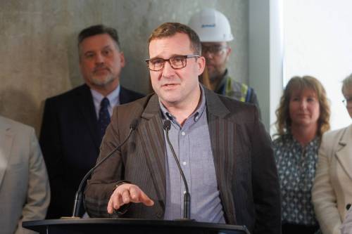MIKE DEAL / FREE PRESS Chief Operating Officer, (Acting) Managing Director, University of Winnipeg Community Renewal Corporation, Jeremy Read, introduces Deputy Prime Minister and Minister of Finance, Chrystia Freeland, during a press event to celebrate the start of construction at 308 Colony Street, a 21-storey housing project. Described as a socially-inclusive mixed-income, mixed-use, 21-storey high-rise with 214 apartment units and two commercial spaces on the ground floor. See Katie May story. 240222 - Thursday, February 22, 2024.