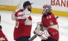 Florida Panthers goaltender Chris Driedger (60) congratulates goaltender Sergei Bobrovsky (72) after an NHL hockey game against the Tampa Bay Lightning Monday, March 3, 2025, in Sunrise, Fla. (AP Photo/Lynne Sladky)