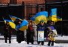 People demonstrate against the war in Ukraine in front of the Russian embassy in Ottawa on Friday, Feb. 24, 2023. THE CANADIAN PRESS/Sean Kilpatrick