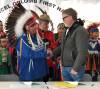 Christopher Colomb (left), chief of Marcel Colomb First Nation, and John McCluskey, CEO of Alamos Gold, in 2023 after signing an impact benefit agreement for the community to participate in the development of open pit gold mines near the reserve outside Lynn Lake, Man. (Martin Cash / Free Press files)