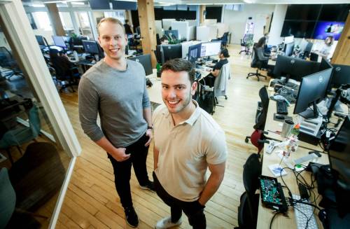 JOHN WOODS / FREE PRESS
                                Taiv co-founders Noah Palansky (right) and Jordan Davis in the company&rsquo;s Winnipeg office. Taiv uses AI to customize in-house advertising on televisions in bars and restaurants.