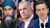 This composite image shows, left to right, NDP Leader Jagmeet Singh in Toronto on March 25, 2025; Liberal Leader Mark Carney in Winnipeg on April 1, 2025; and Conservative Leader Pierre Poilievre in Kingston, Ont., on April 3, 2025. THE CANADIAN PRESS/Nathan Denette, Adrian Wyld, Sean Kilpatrick