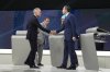 Liberal Leader Mark Carney, Conservative Leader Pierre Poilievre, Bloc Quebecois Leader Yves-Francois Blanchet and New Democratic Party Leader Jagmeet Singh shake hands following the French-language federal leaders' debate, in Montreal, Wednesday, April 16, 2025. THE CANADIAN PRESS/Christopher Katsarov