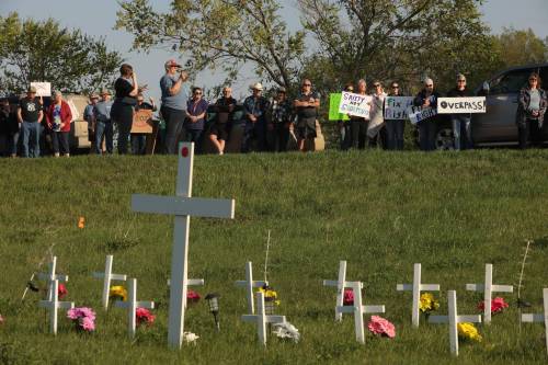 More than 150 people gathered to protest proposed changes for the Trans-Canada Highway and Highway 5, where 17 people died in a crash in June 2023.