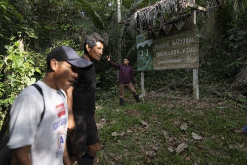 FILE - A group of men pass in front of a sign announcing the limit of Cordillera Azul National Park in Peru's Amazon, Monday, Oct. 3, 2022. (AP Photo/Martin Mejia, File)