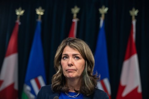 Alberta Premier Danielle Smith speaks during a press conference in Edmonton, Tuesday, May 6, 2025. Alberta's government says it's extending the deadline for a former judge to investigate allegations of high-level conflict of interest and arm-twisting in health care contracts. THE CANADIAN PRESS/Jason Franson