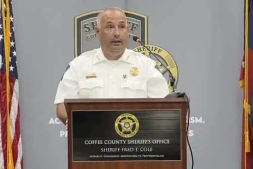 In this image from video provided by the Georgia Bureau of Investigation, Coffee County Sheriff Fred Cole speaks with reporters in Douglas, Ga., on Friday, May 23, 2025, to discuss the arrest of Jon Worrell in the 2006 death of his wife, Doris Worrell. (Georgia Bureau of Investigation via AP)