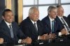 Ontario Premier Doug Ford, second from left, speaks to reporters with, from left to right, Manitoba Premier Wab Kinew, Nova Scotia Premier Tim Houston, and Quebec Premier Francois Legault as Canada's premiers hold a press conference to close the Council of the Federation meetings in Halifax on Wednesday, July 17, 2024. THE CANADIAN PRESS/Darren Calabrese