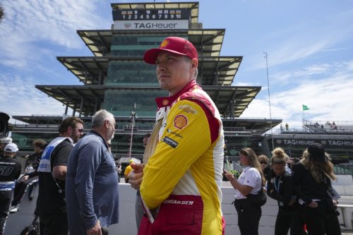 Josef Newgarden prepares to drive before the start of practice for the Indianapolis 500 auto race at the Indianapolis Motor Speedway in Indianapolis, Monday, May 19, 2025. (AP Photo/Michael Conroy)