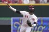 Cincinnati Reds' Elly De La Cruz throws to first base for an out on Milwaukee Brewers' Jackson Chourio during the first inning of a baseball game Wednesday, June 4, 2025, in Cincinnati. (AP Photo/Kareem Elgazzar)