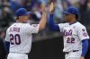 New York Mets' Pete Alonso, left, and Juan Soto, right, celebrate after a baseball game against the Colorado Rockies, Sunday, June 1, 2025, in New York. (AP Photo/Seth Wenig)