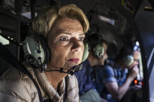 Swiss federal president Karin Keller-Sutter observes from a helicopter the damage caused by the catastrophic landslide destroying the village of Blatten, Switzerland, Friday, May 30, 2025. (Jean-Christophe Bott/Keystone via AP)