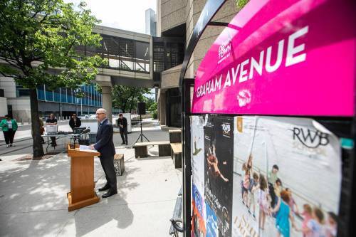 MIKAELA MACKENZIE / FREE PRESS
                                Mayor Scott Gillingham speaks at the launch of the re-imagining Graham pedestrian placemaking project at Graham Avenue on Monday.