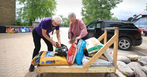 Ruth Bonneville / Free Press
                                Evacuee Berndina McLean of Bakers Narrows near Flin Flon, picks up some free dog food for her two dogs with the help of Winnipeg Humane Society volunteer Ken Lewicki, Monday. Toys, leashes, blankets, and dog food were among the free items the organization was giving to those displaced from their homes due to wildfires.