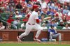 St. Louis Cardinals' Ryan Vilade follows through on a single during the seventh inning in the first baseball game of a doubleheader against the Kansas City, Royals, Thursday, June 5, 2025, in St. Louis. (AP Photo/Scott Kane)
