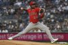 Los Angeles Angels' José Soriano pitches during the first inning of a baseball game against the New York Yankees, Monday, June 16, 2025, in New York. (AP Photo/Pamela Smith)