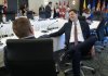 British Columbia Premier David Eby, right, talks with Saskatchewan Premier Scott Moe during the meetings of Canada’s premiers in Huntsville, Ont., on Tuesday, July 22, 2025. THE CANADIAN PRESS/Nathan Denette