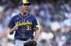 Milwaukee Brewers starting pitcher Jacob Misiorowski reacts after striking out Seattle Mariners' Dominic Canzone to retire the side during the second inning of a baseball game Tuesday, July 22, 2025, in Seattle. (AP Photo/Lindsey Wasson)