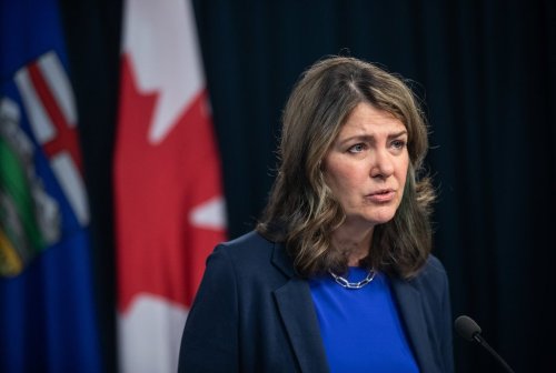 Alberta Premier Danielle Smith speaks during a press conference in Edmonton on Tuesday, May 6, 2025. THE CANADIAN PRESS/Jason Franson
