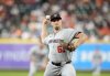 Washington Nationals starting pitcher Brad Lord delivers to Houston Astros' Taylor Trammell during the first inning of a baseball game Monday, July 28, 2025, in Houston. (AP Photo/Karen Warren)