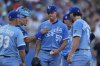 Kansas City Royals starting pitcher Kris Bubic (50) comes out of the game during the third inning in the second baseball game of a doubleheader against the Cleveland Guardians, Saturday, July 26, 2025, in Kansas City, Mo. (AP Photo/Charlie Riedel)
