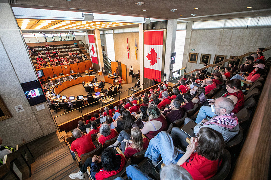 Cycling advocates fill the galleries at City Hall, as council makes a final vote on the contentious Wellington bike project today, on Thursday, July 17, 2025.