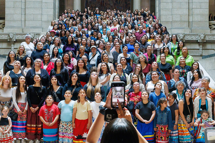 Hundreds of women, girls, two-spirit and gender-diverse Manitobans gather on the Grand Staircase in the Manitoba Legislative Building Wednesday afternoon to celebrate new legislation, Bill 44, which formalizes the role of the Matriarch Circle in government.