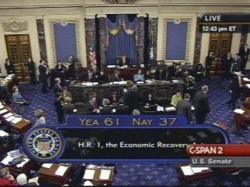 FILE - In this image taken from video provided by C-SPAN, the final vote count on President Barack Obama's economic recovery plan is displayed, Tuesday, Feb. 10, 2009, in the Senate in Washington, D.C. (C-SPAN via AP)