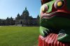 The Knowledge Totem pole carved by Coast Salish artist Cicero August and his sons Darrell and Doug August of the Cowichan Tribes stands tall on the front lawn of the legislature at Victoria, B.C., on May 8, 2024. THE CANADIAN PRESS/Chad Hipolito
