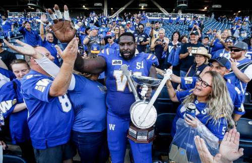 THE CANADIAN PRESS/John Woods
                                Winnipeg Blue Bombers&rsquo; Jermarcus Hardrick (51) holds the Banjo Bowl trophy as he celebrates with fans after defeating the Saskatchewan Roughriders in CFL football action in Winnipeg Saturday, September 9, 2023.