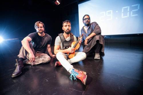 MIKAELA MACKENZIE / FREE PRESS
                                Only Good Indian creators Tom Arthur Davis (left) and Jivesh Parasram (right) and performer Eric Plamondon (centre) at the PTE on Tuesday.