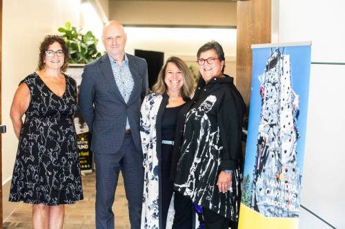 From left: Kim Scherger, exective director of the Manitoba Camping Association (left), Free Press editor-in-chief Paul Samyn and storytellers Angela Recio de Garcia and Bonnie Robinson at the Sunshine Fund Donor Appreciation Luncheon at the Caboto Centre on Thursday. (Mikaela MacKenzie / Free Press)