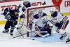 JOHN WOODS / FREE PRESS
                                Winnipeg Jets&rsquo; Nikita Chibrikov (90) attempts a wraparound on Edmonton Oilers goaltender Calvin Pickard (30) as Joshua Brown (44) defends during second period pre-season NHL action in Winnipeg on Tuesday, September 23, 2025.