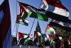 The flags of Palestine and other Arab states are waved as pro-Palestine demonstrators march away from Parliament Hill during a rally in Ottawa, on Saturday, Oct. 5, 2024. THE CANADIAN PRESS/Justin Tang