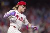 Philadelphia Phillies' Harrison Bader reacts to his home run during the second inning of a baseball game against the New York Mets, Tuesday, Sep. 9, 2025, in Philadelphia. (AP Photo/Chris Szagola)