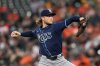 Tampa Bay Rays pitcher Shane Baz throws against the Baltimore Orioles in the first inning of a baseball game, Wednesday, Sept. 24, 2025, in Baltimore. (AP Photo/Gail Burton)