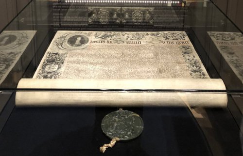 The 1670 royal charter signed by King Charles II establishing Hudson's Bay, is shown on display at the Manitoba Museum where it was loaned to be displayed alongside its permanent collection of Hudson's Bay artifacts, in this 2020 handout photo. THE CANADIAN PRESS/Handout — Manitoba Museum (Mandatory Credit)